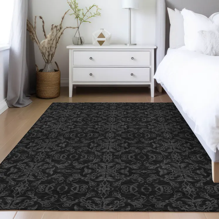 5' X 8' Gray And Charcoal Medallion Washable Indoor Outdoor Area Rug