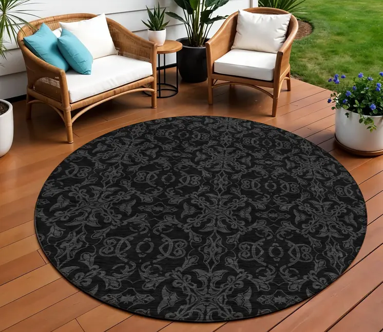 8' Gray And Charcoal Round Medallion Washable Indoor Outdoor Area Rug