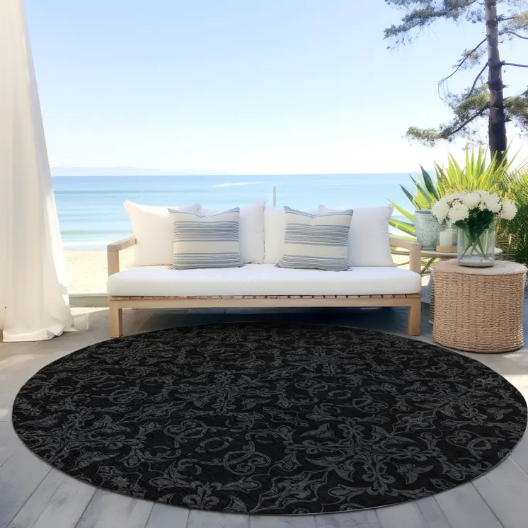 8' Gray And Charcoal Round Medallion Washable Indoor Outdoor Area Rug