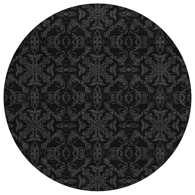 8' Gray And Charcoal Round Medallion Washable Indoor Outdoor Area Rug