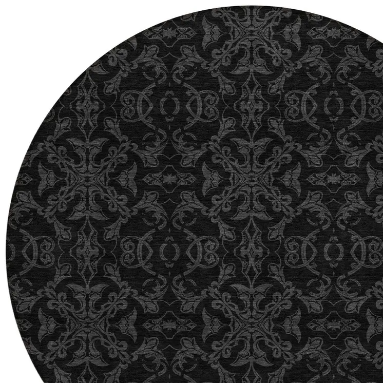 8' Gray And Charcoal Round Medallion Washable Indoor Outdoor Area Rug