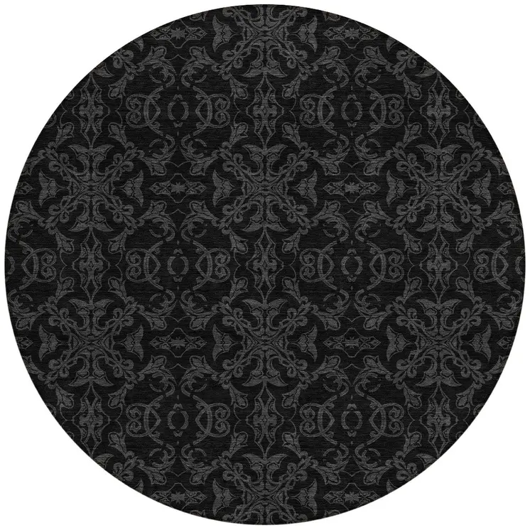 8' Gray And Charcoal Round Medallion Washable Indoor Outdoor Area Rug