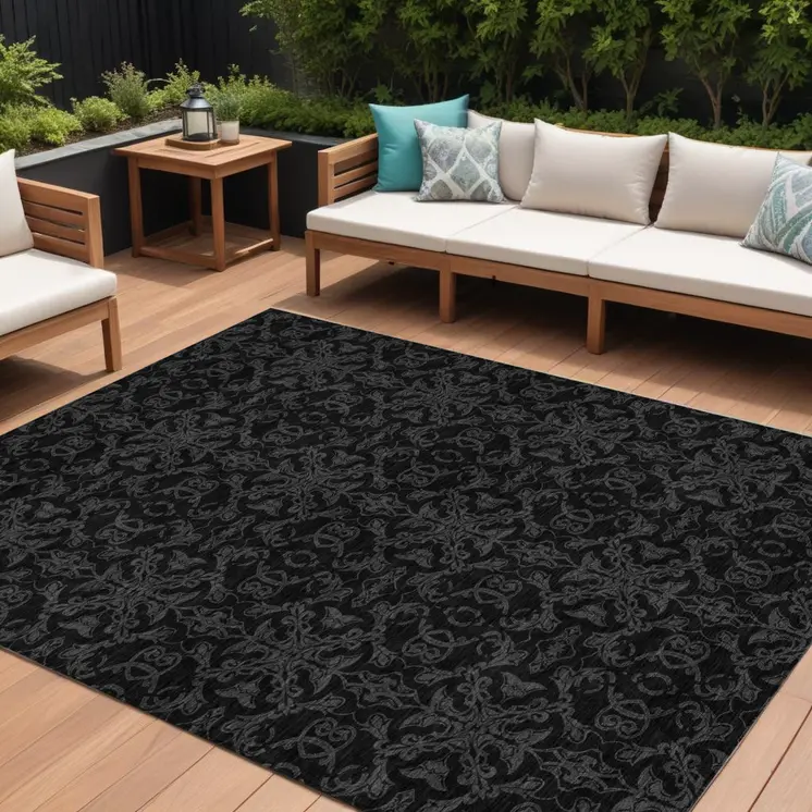 8' X 10' Gray And Charcoal Medallion Washable Indoor Outdoor Area Rug