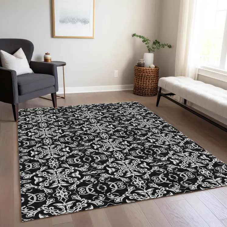3' X 5' Ivory And Black Medallion Washable Indoor Outdoor Area Rug