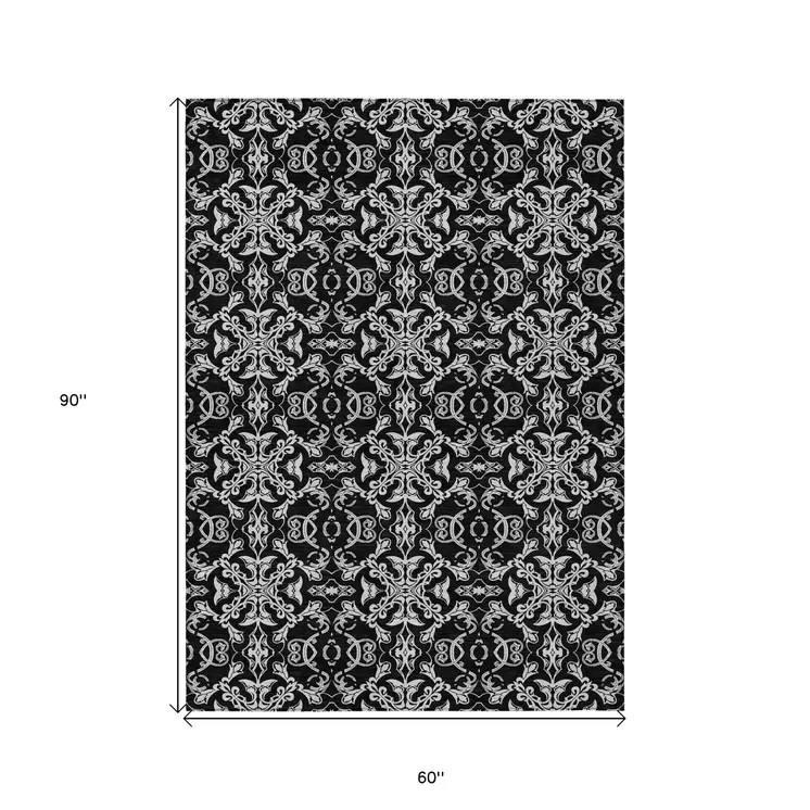5' X 8' Ivory And Black Medallion Washable Indoor Outdoor Area Rug