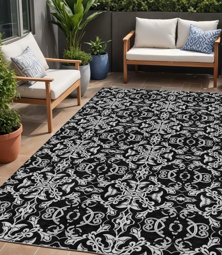 5' X 8' Ivory And Black Medallion Washable Indoor Outdoor Area Rug