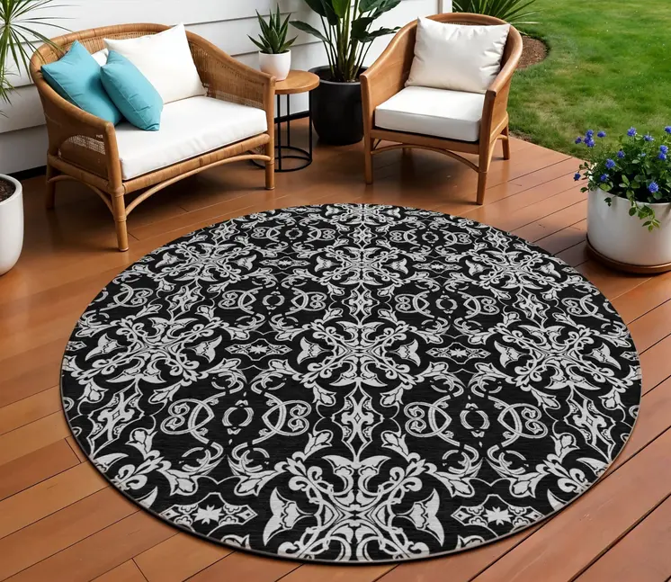 8' Ivory And Black Round Medallion Washable Indoor Outdoor Area Rug