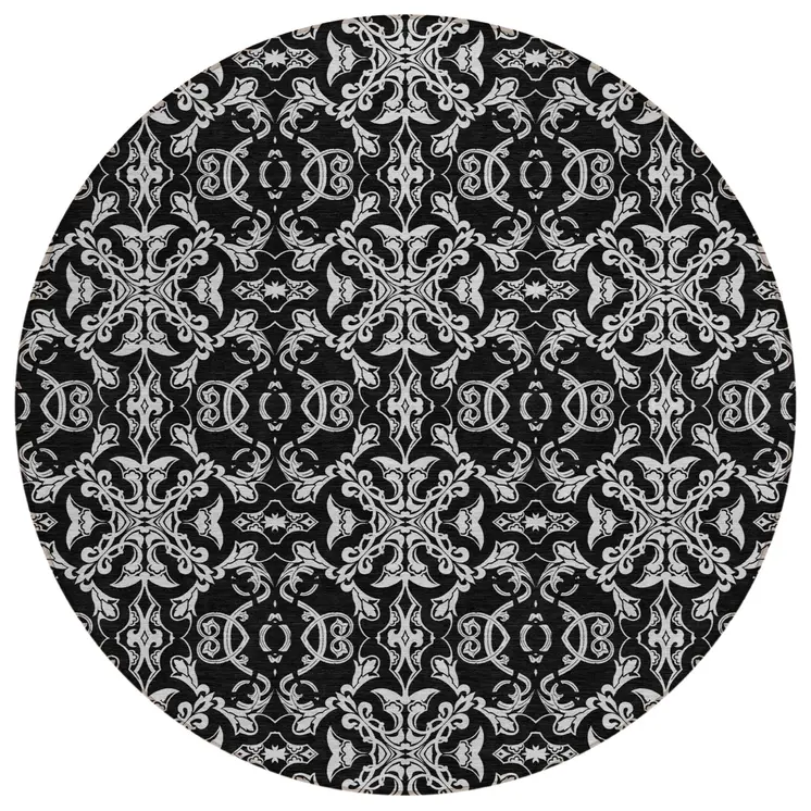 8' Ivory And Black Round Medallion Washable Indoor Outdoor Area Rug
