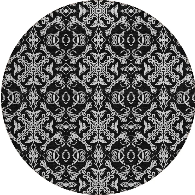 8' Ivory And Black Round Medallion Washable Indoor Outdoor Area Rug