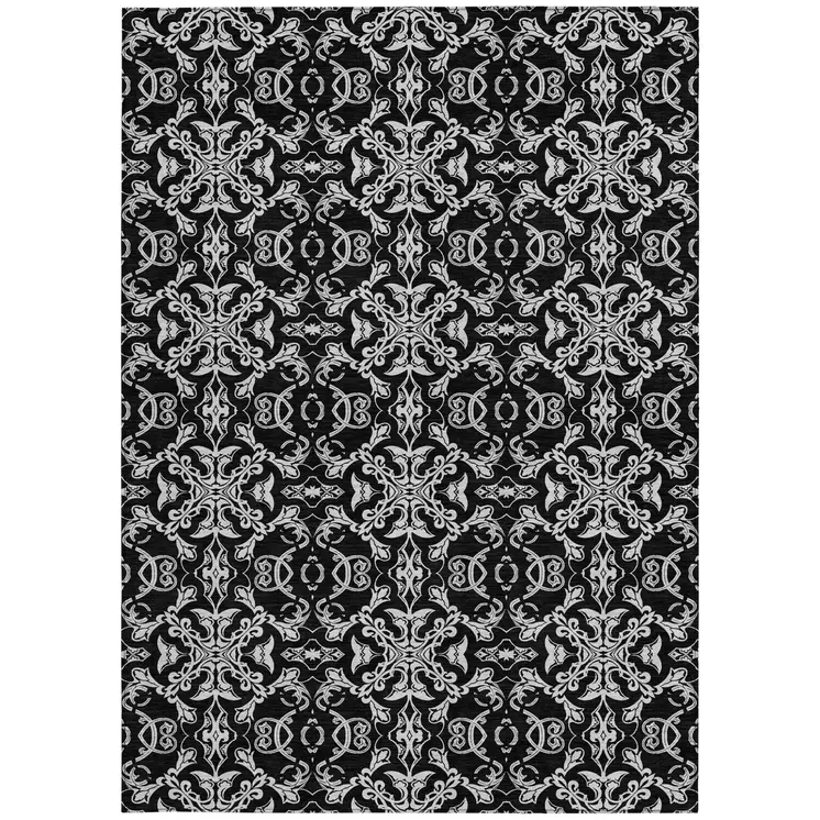 8' X 10' Ivory And Black Medallion Washable Indoor Outdoor Area Rug