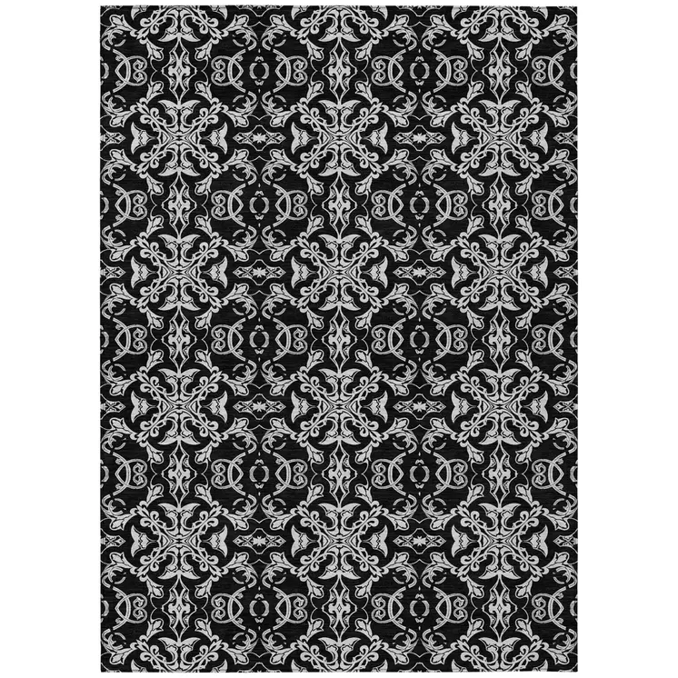 9' X 12' Ivory And Black Medallion Washable Indoor Outdoor Area Rug