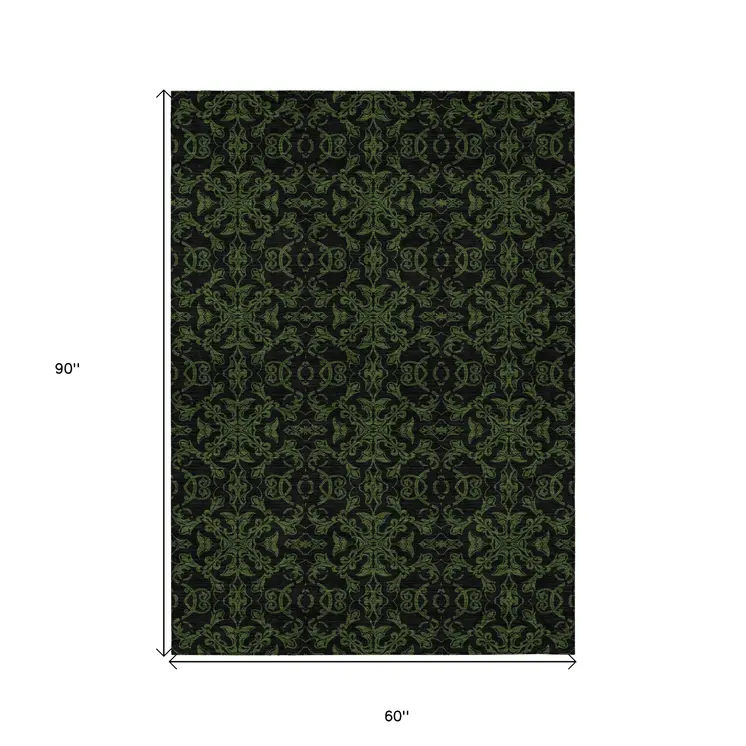 5' X 8' Olive Green And Green Medallion Washable Indoor Outdoor Area Rug