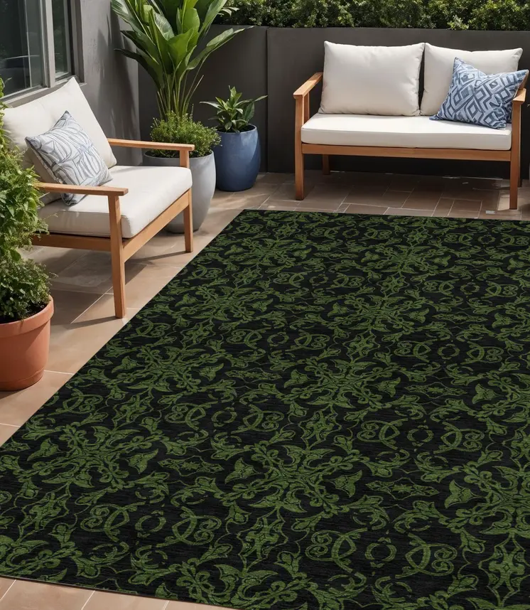 5' X 8' Olive Green And Green Medallion Washable Indoor Outdoor Area Rug