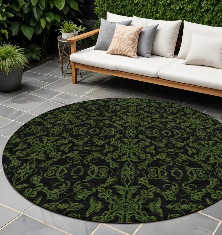 8' Olive Green And Green Round Medallion Washable Indoor Outdoor Area Rug