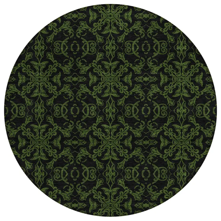 8' Olive Green And Green Round Medallion Washable Indoor Outdoor Area Rug