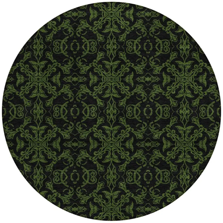8' Olive Green And Green Round Medallion Washable Indoor Outdoor Area Rug