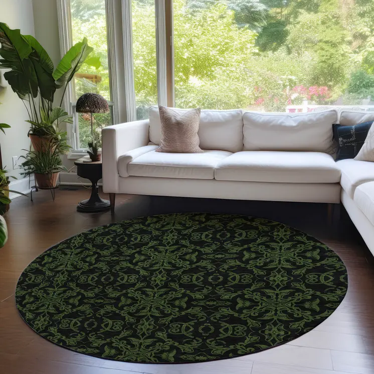 8' Olive Green And Green Round Medallion Washable Indoor Outdoor Area Rug