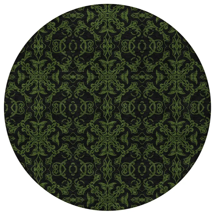 8' Olive Green And Green Round Medallion Washable Indoor Outdoor Area Rug