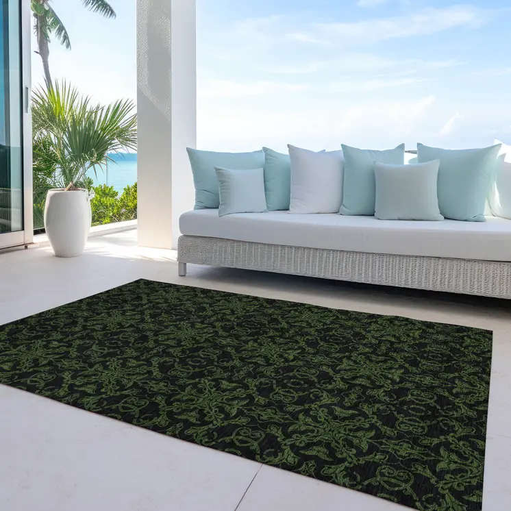 9' X 12' Olive Green And Green Medallion Washable Indoor Outdoor Area Rug
