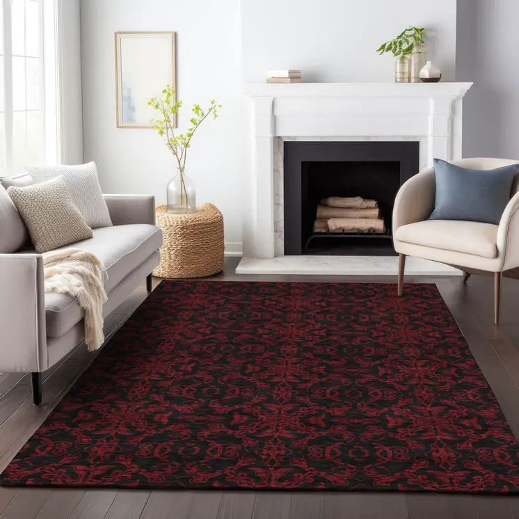 3' X 5' Red And Black Medallion Washable Indoor Outdoor Area Rug