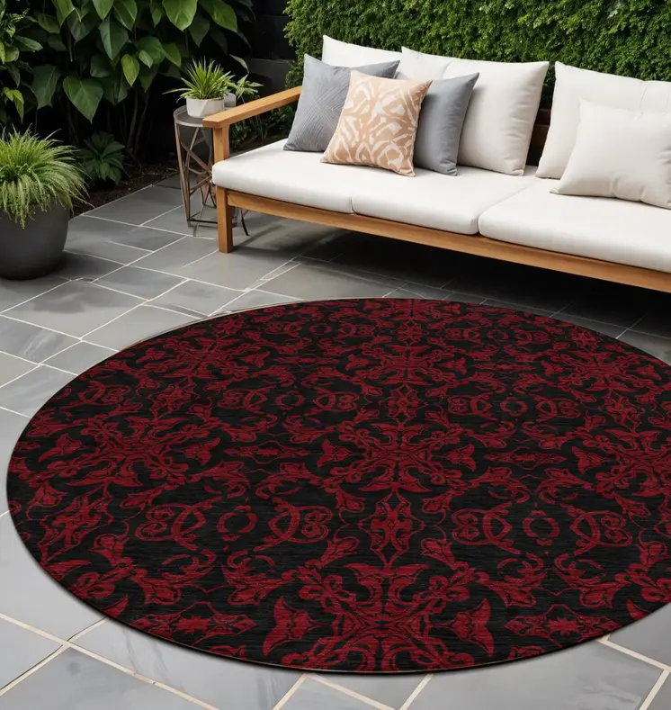 8' Red And Black Round Medallion Washable Indoor Outdoor Area Rug