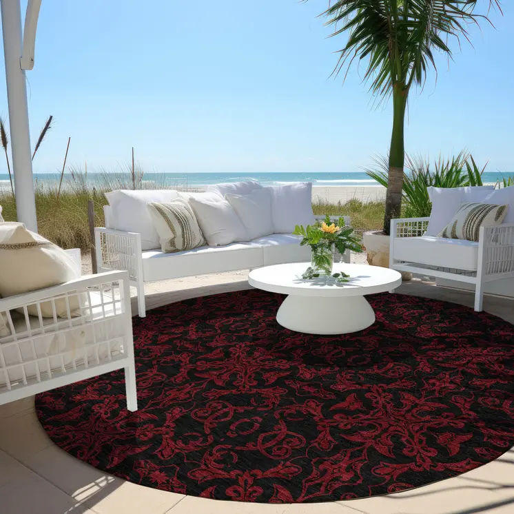 8' Red And Black Round Medallion Washable Indoor Outdoor Area Rug