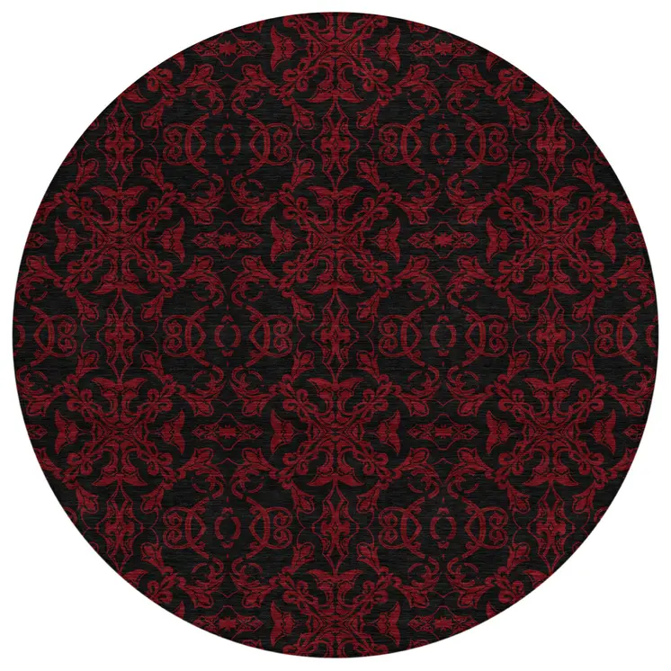 8' Red And Black Round Medallion Washable Indoor Outdoor Area Rug