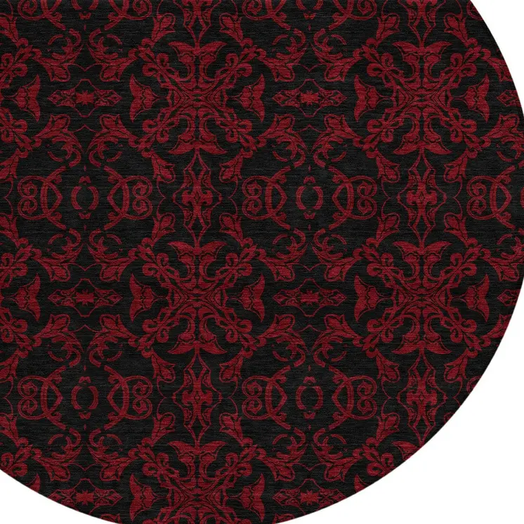 8' Red And Black Round Medallion Washable Indoor Outdoor Area Rug