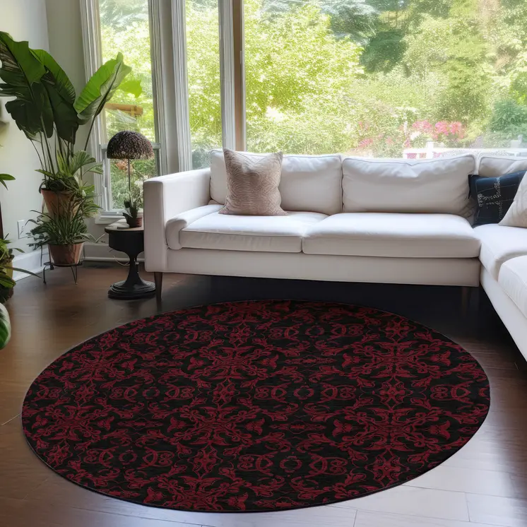 8' Red And Black Round Medallion Washable Indoor Outdoor Area Rug