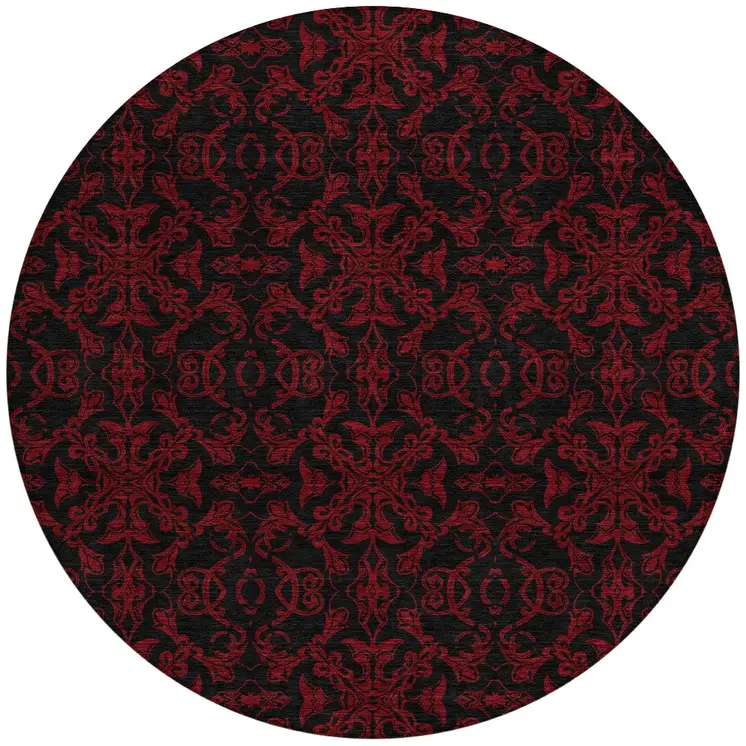 8' Red And Black Round Medallion Washable Indoor Outdoor Area Rug