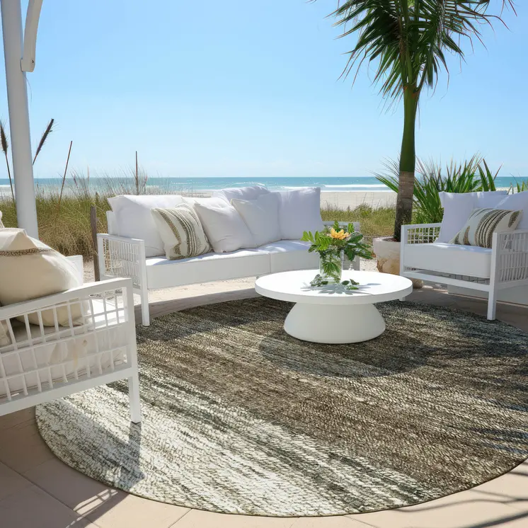 8' Brown Beige And Tan Round Ombre Washable Indoor Outdoor Area Rug