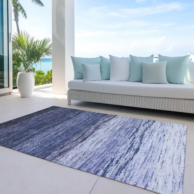 10' X 14' Navy Blue And Ivory Ombre Washable Indoor Outdoor Area Rug