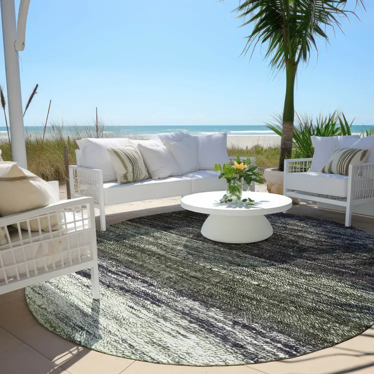 8' Green Ivory And Purple Round Ombre Washable Indoor Outdoor Area Rug