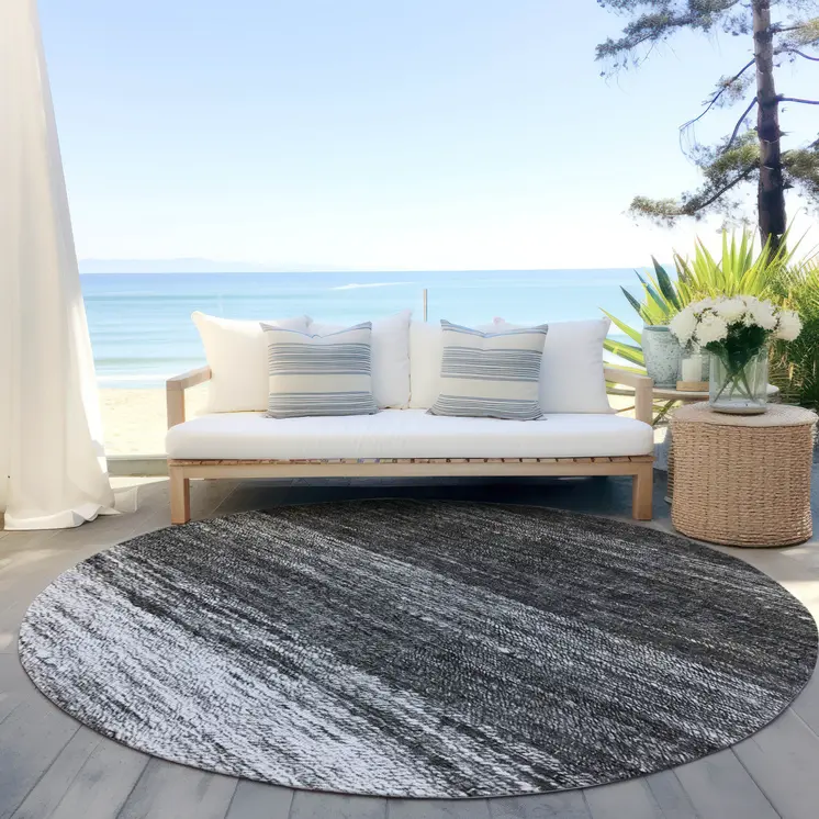 8' Gray Silver And Ivory Round Ombre Washable Indoor Outdoor Area Rug