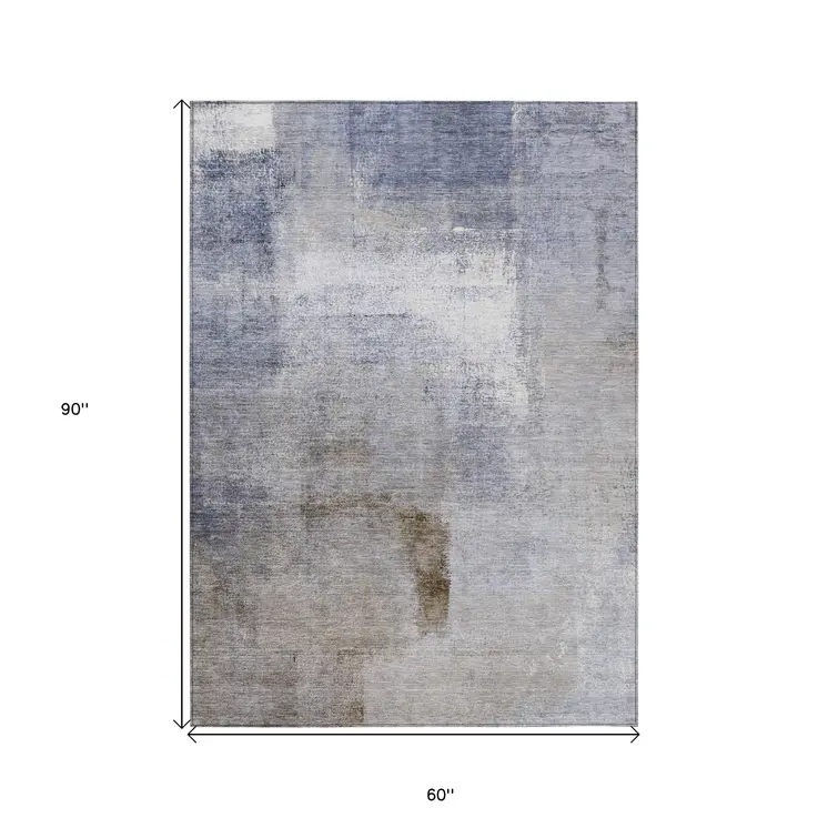 5' X 8' Navy Blue And Sky Blue Abstract Washable Indoor Outdoor Area Rug