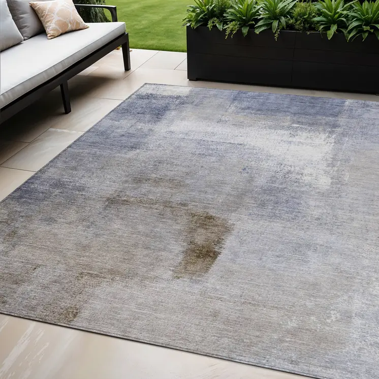 5' X 8' Navy Blue And Sky Blue Abstract Washable Indoor Outdoor Area Rug