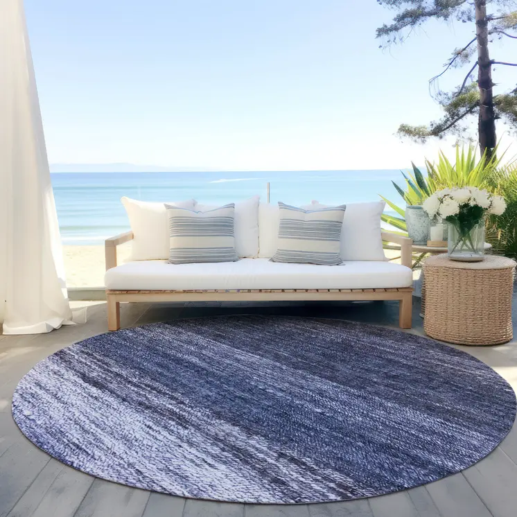 8' Navy Blue And Sky Blue Round Abstract Washable Indoor Outdoor Area Rug
