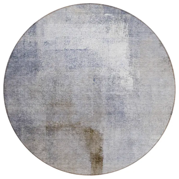 8' Navy Blue And Sky Blue Round Abstract Washable Indoor Outdoor Area Rug