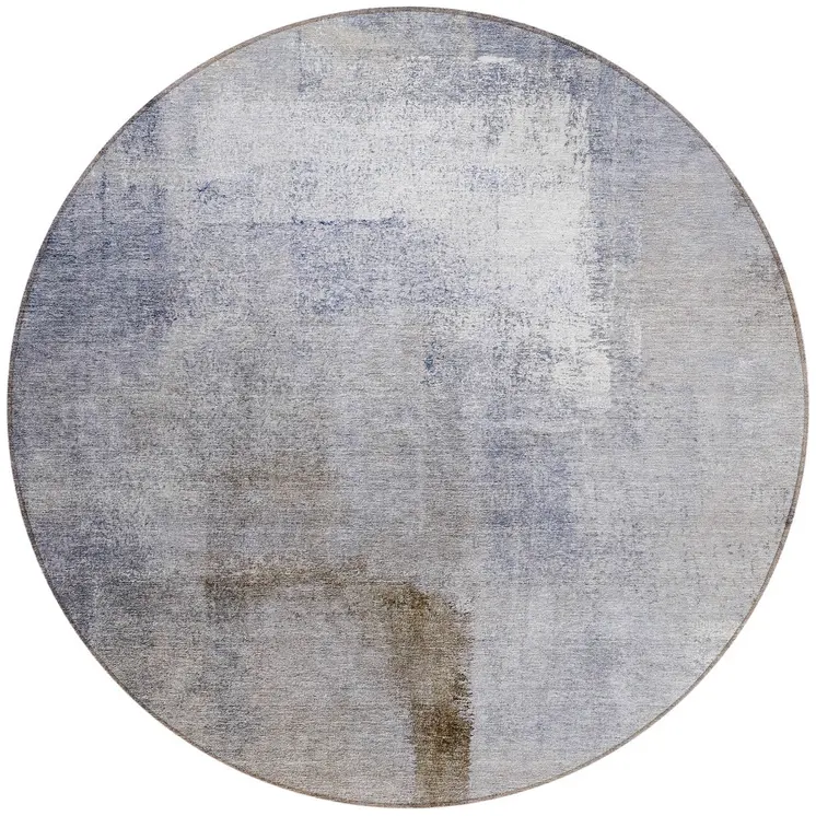 8' Navy Blue And Sky Blue Round Abstract Washable Indoor Outdoor Area Rug