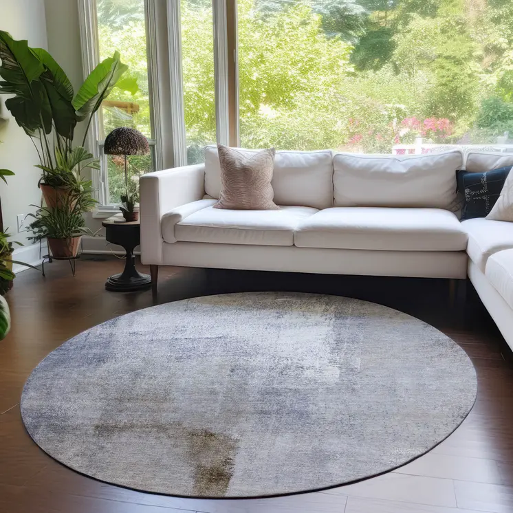 8' Navy Blue And Sky Blue Round Abstract Washable Indoor Outdoor Area Rug