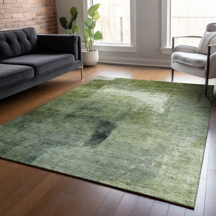 3' X 5' Artichoke Green And Sage Abstract Washable Indoor Outdoor Area Rug