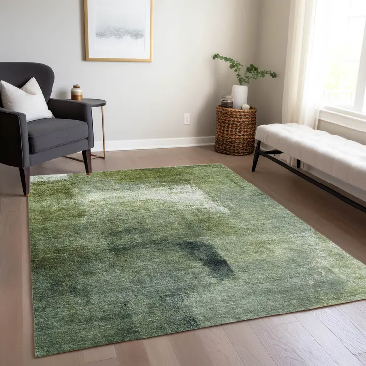5' X 8' Artichoke Green And Sage Abstract Washable Indoor Outdoor Area Rug