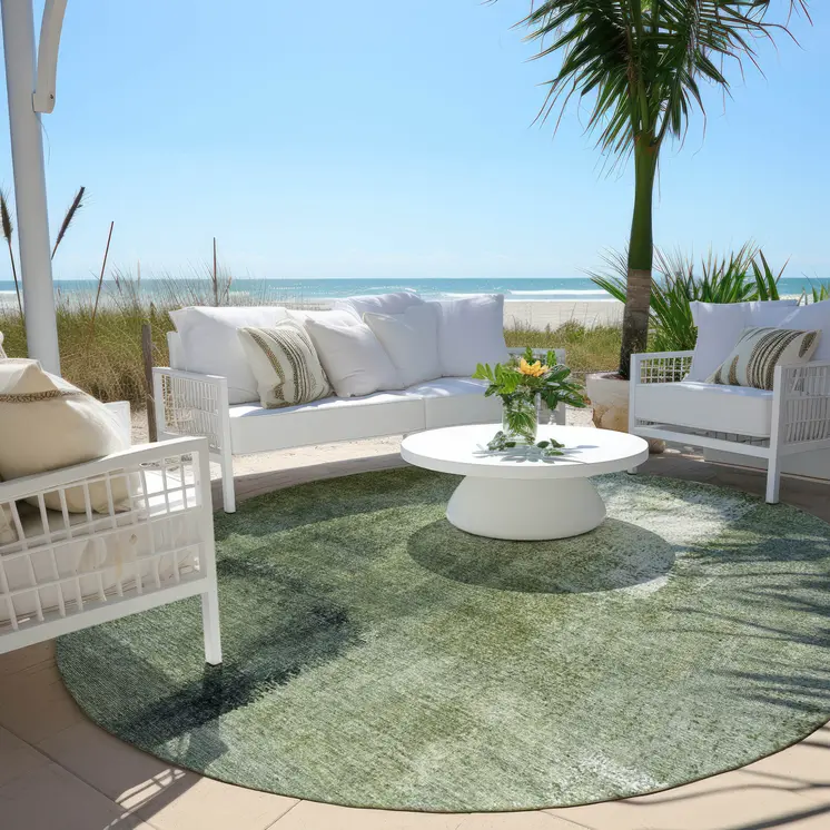 8' Artichoke Green And Sage Round Abstract Washable Indoor Outdoor Area Rug