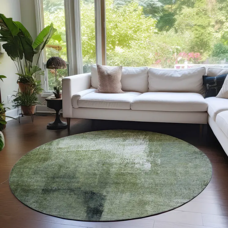 8' Artichoke Green And Sage Round Abstract Washable Indoor Outdoor Area Rug