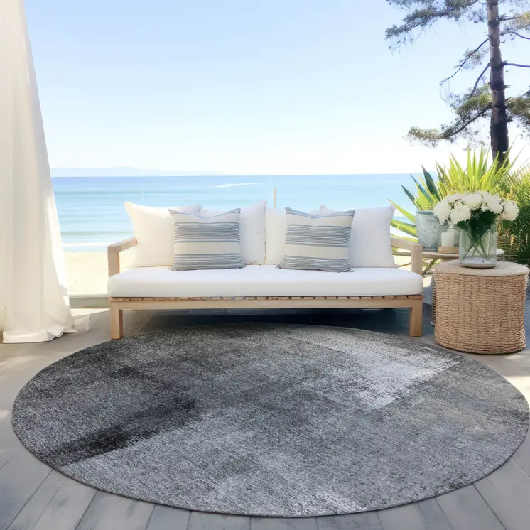 8' Gray Silver And Charcoal Round Abstract Washable Indoor Outdoor Area Rug