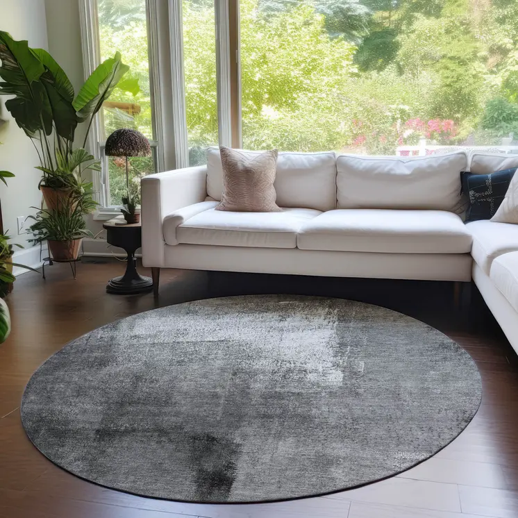 8' Gray Silver And Charcoal Round Abstract Washable Indoor Outdoor Area Rug