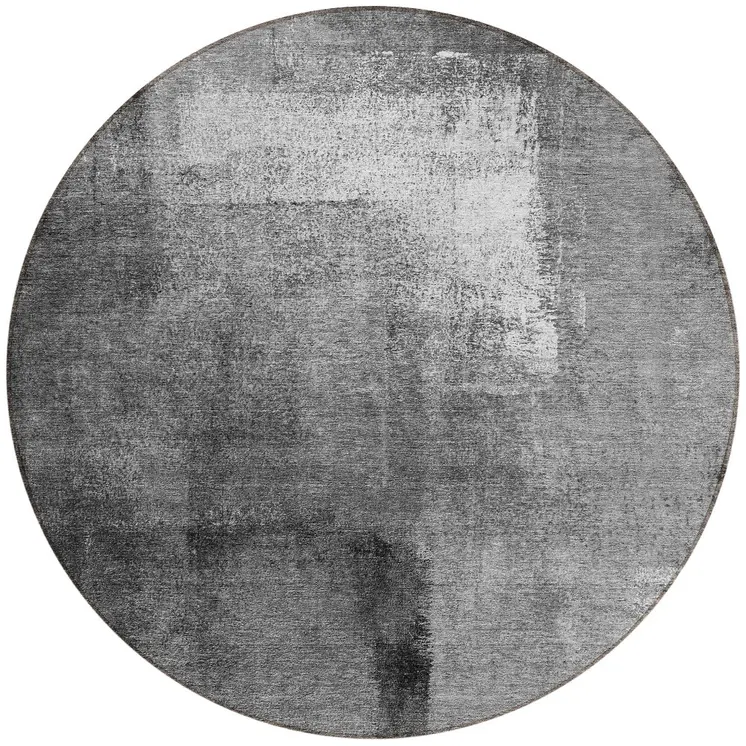 8' Gray Silver And Charcoal Round Abstract Washable Indoor Outdoor Area Rug