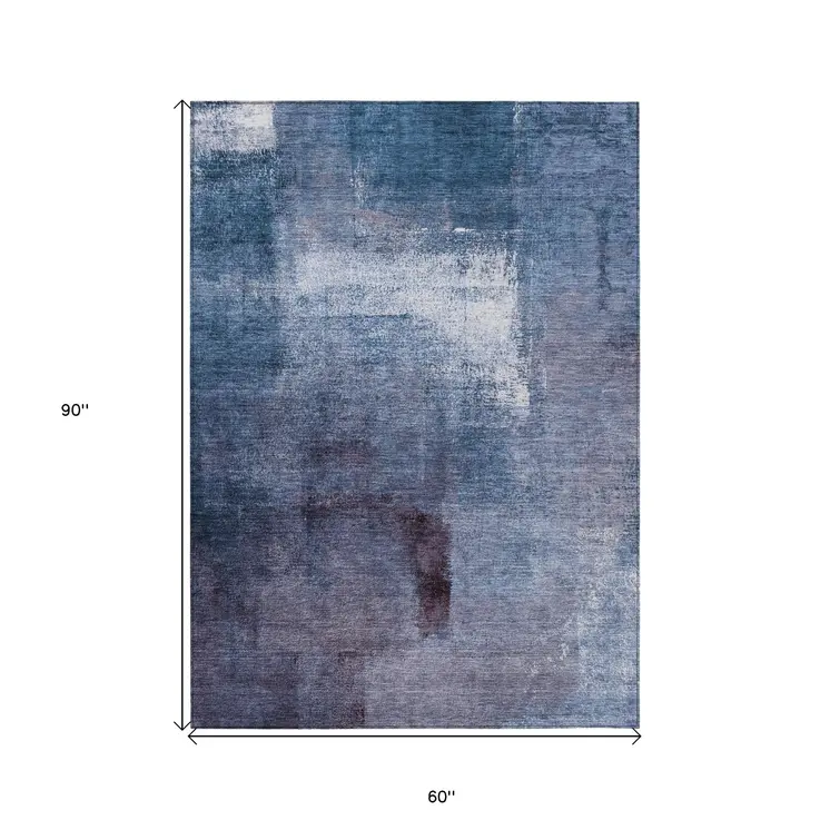 5' X 8' Navy Blue And Sky Blue Abstract Washable Indoor Outdoor Area Rug