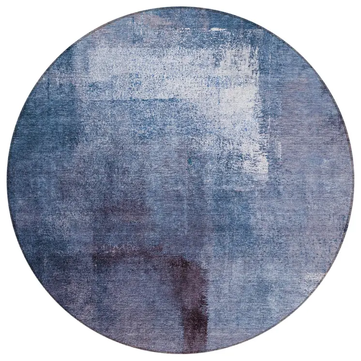 8' Navy Blue And Sky Blue Round Abstract Washable Indoor Outdoor Area Rug