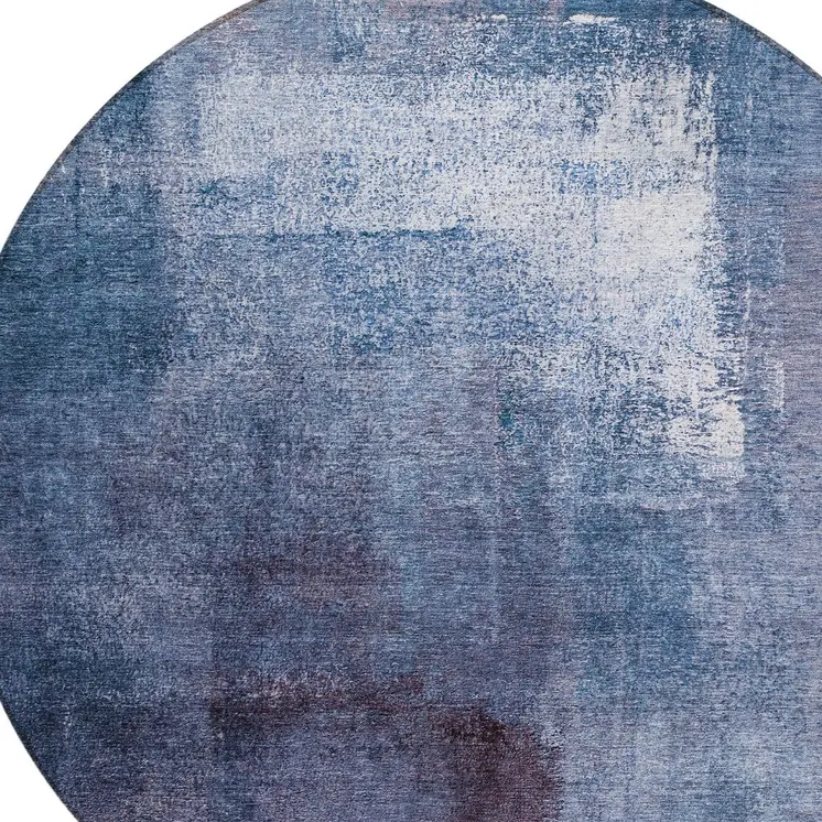 8' Navy Blue And Sky Blue Round Abstract Washable Indoor Outdoor Area Rug